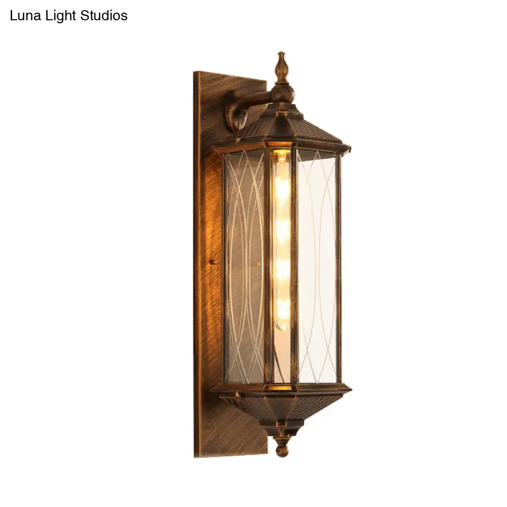 Farmhouse Coffee/Bronze Sconce Light With Clear Textured Glass - Rectangular Wall Lamp