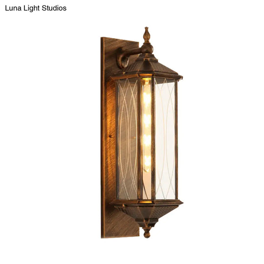 Farmhouse Coffee/Bronze Sconce Light With Clear Textured Glass - Rectangular Wall Lamp