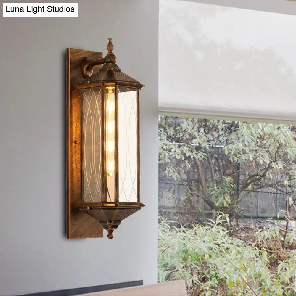 Farmhouse Coffee/Bronze Sconce Light With Clear Textured Glass - Rectangular Wall Lamp