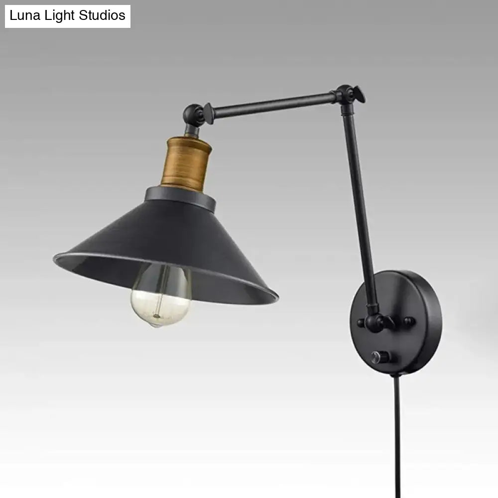 Farmhouse Cone Metal Wall Light - Swing Arm Mounted Lamp (1 Head) Black With/Without Plug