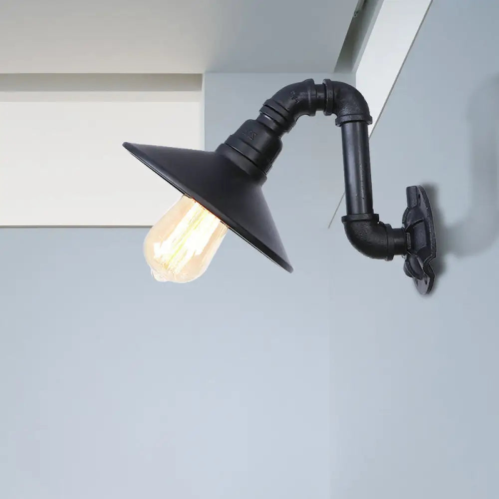 Farmhouse Cone Shade Wall Lamp With Curved Pipe Metallic Sconce In Black Finish