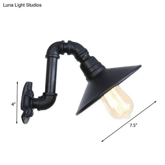 Farmhouse Cone Shade Wall Lamp With Curved Pipe Metallic Sconce In Black Finish