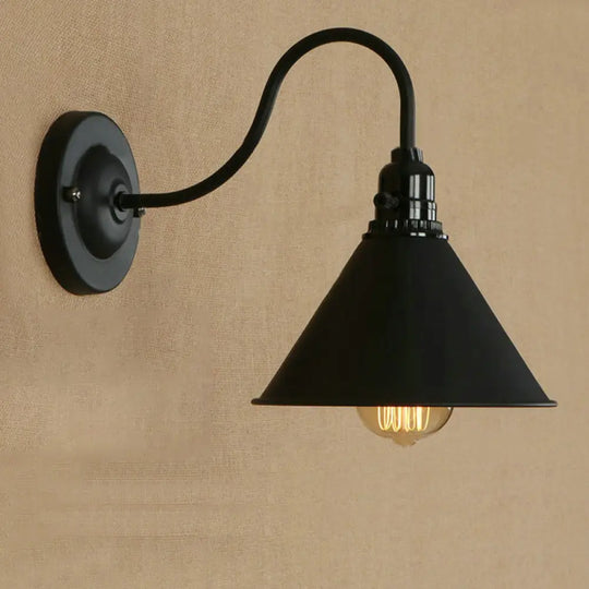 Farmhouse Cone Wall Sconce Lamp - Gooseneck Arm Black/White Metal 1 Light Black