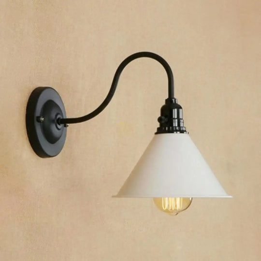 Farmhouse Cone Wall Sconce Lamp - Gooseneck Arm Black/White Metal 1 Light White