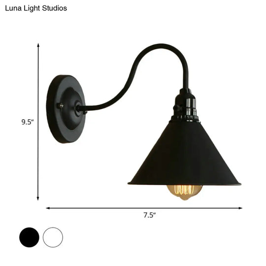 Farmhouse Cone Wall Sconce Lamp - Gooseneck Arm Black/White Metal 1 Light