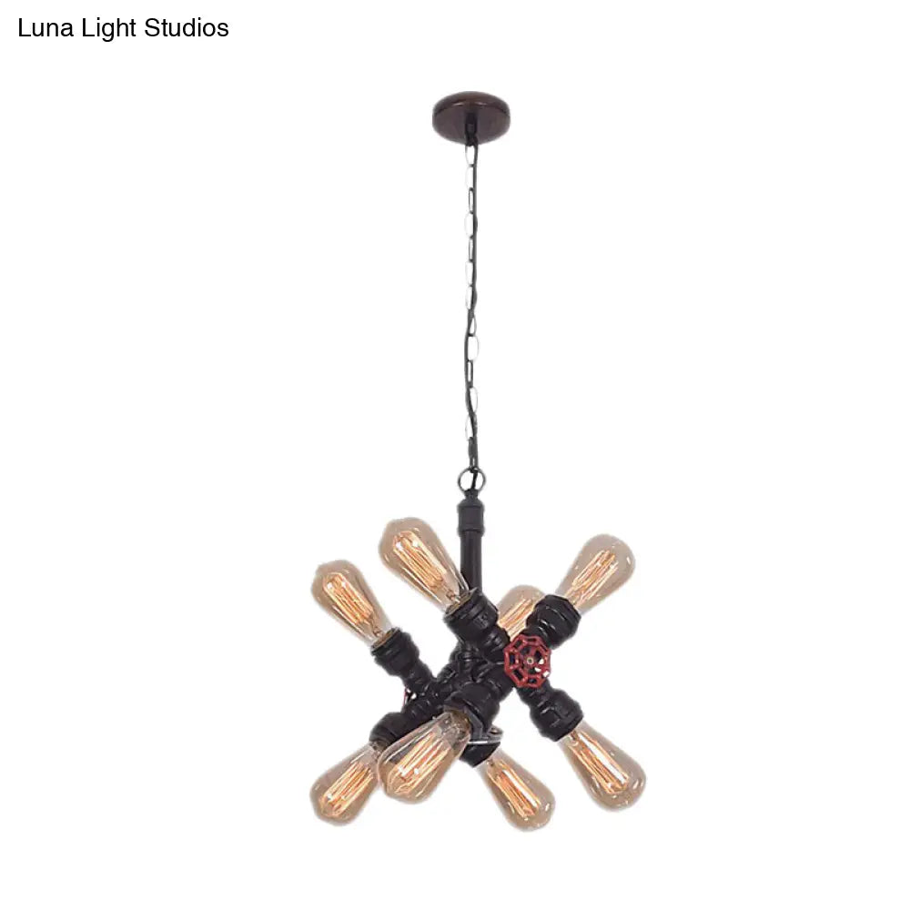 Farmhouse Cross Pipe Pendant Chandelier - 8-Light Metal Ceiling Lamp In Black For Living Room