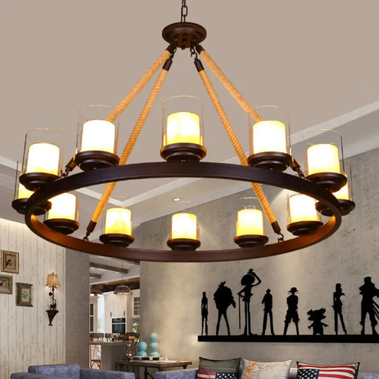 Farmhouse Cylindrical Suspension Lamp: Clear Glass Chandelier With Rope Arm 12 / Beige