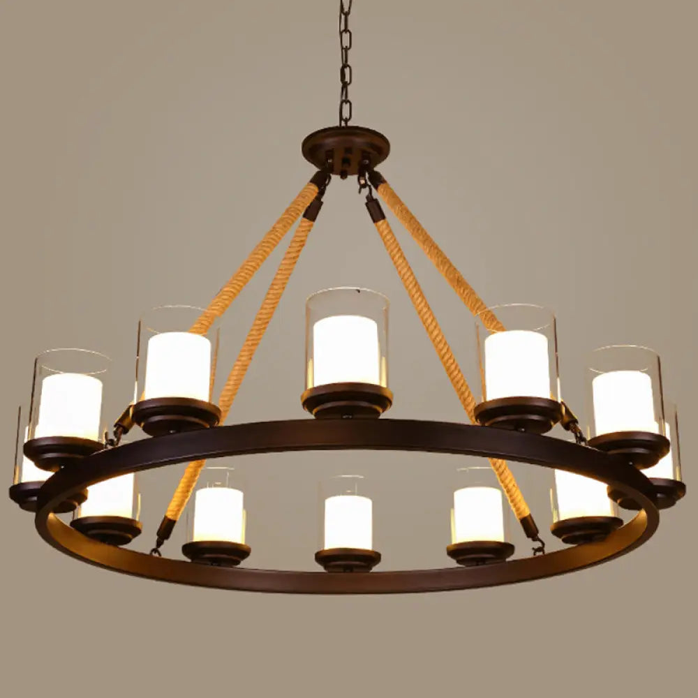Farmhouse Cylindrical Suspension Lamp: Clear Glass Chandelier With Rope Arm 12 / Cream