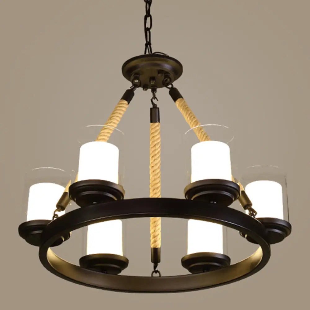 Farmhouse Cylindrical Suspension Lamp: Clear Glass Chandelier With Rope Arm 6 / Cream