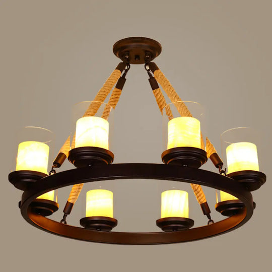 Farmhouse Cylindrical Suspension Lamp: Clear Glass Chandelier With Rope Arm 8 / Beige