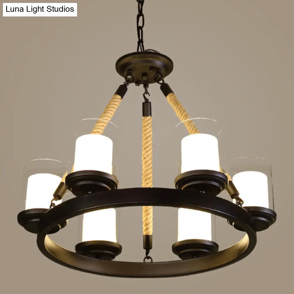 Farmhouse Clear Glass Cylindrical Suspension Lamp With Rope Arm 6 / Cream