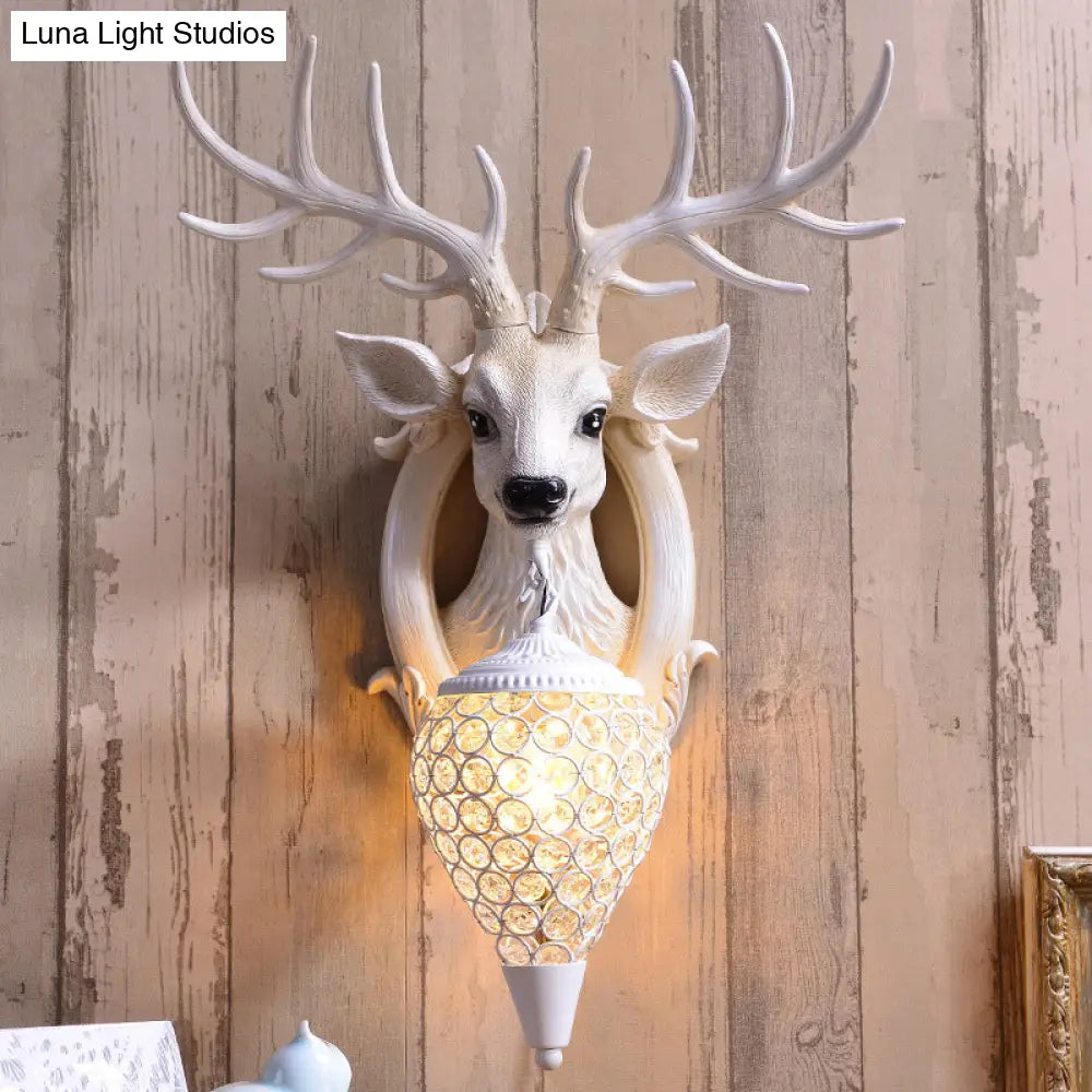 Farmhouse Deer Head Wall Sconce Light With Beveled Crystal Shade