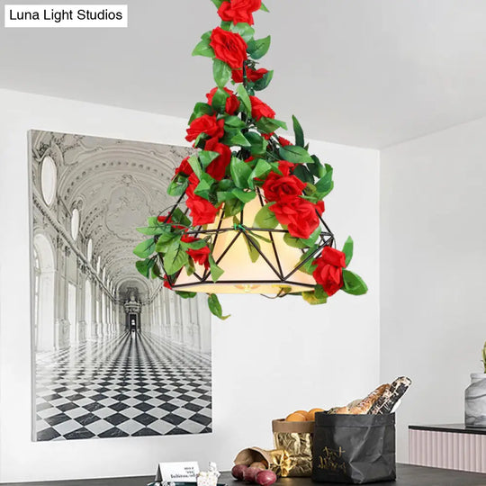 Diamond Cage Farmhouse Pendant Light With Shade And Floral Deco In Red/Pink/Green Red