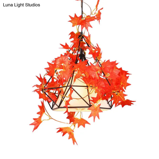 Farmhouse Diamond Cage Ceiling Pendant With Fabric Shade - Red/Pink/Green Metal Suspension Light