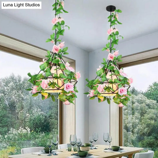 Diamond Cage Farmhouse Pendant Light With Shade And Floral Deco In Red/Pink/Green Pink-Green