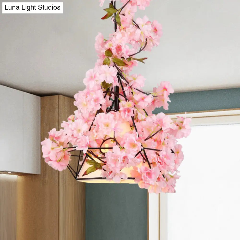 Diamond Cage Farmhouse Pendant Light With Shade And Floral Deco In Red/Pink/Green Pink