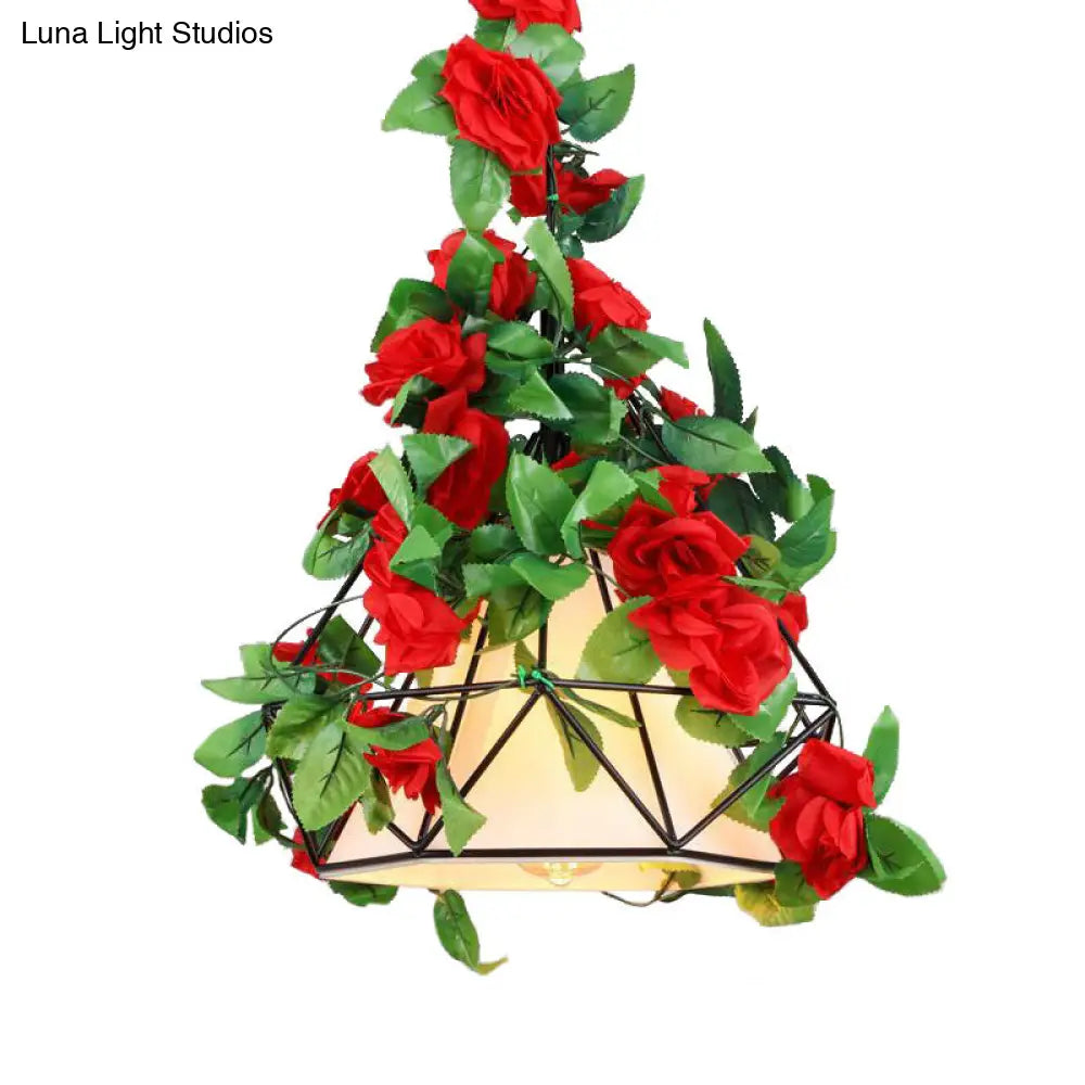 Diamond Cage Farmhouse Pendant Light With Shade And Floral Deco In Red/Pink/Green