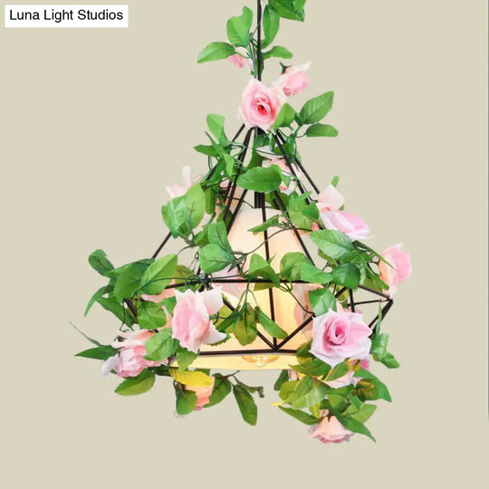 Diamond Cage Farmhouse Pendant Light With Shade And Floral Deco In Red/Pink/Green
