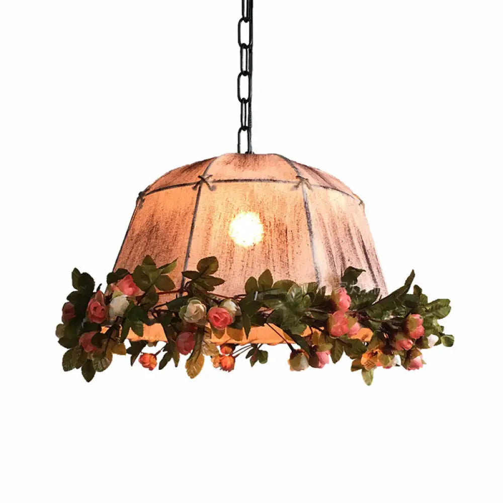 Farmhouse Dining Room Hanging Lamp With Pink Tent Fabric Shade And Fake Floral Design