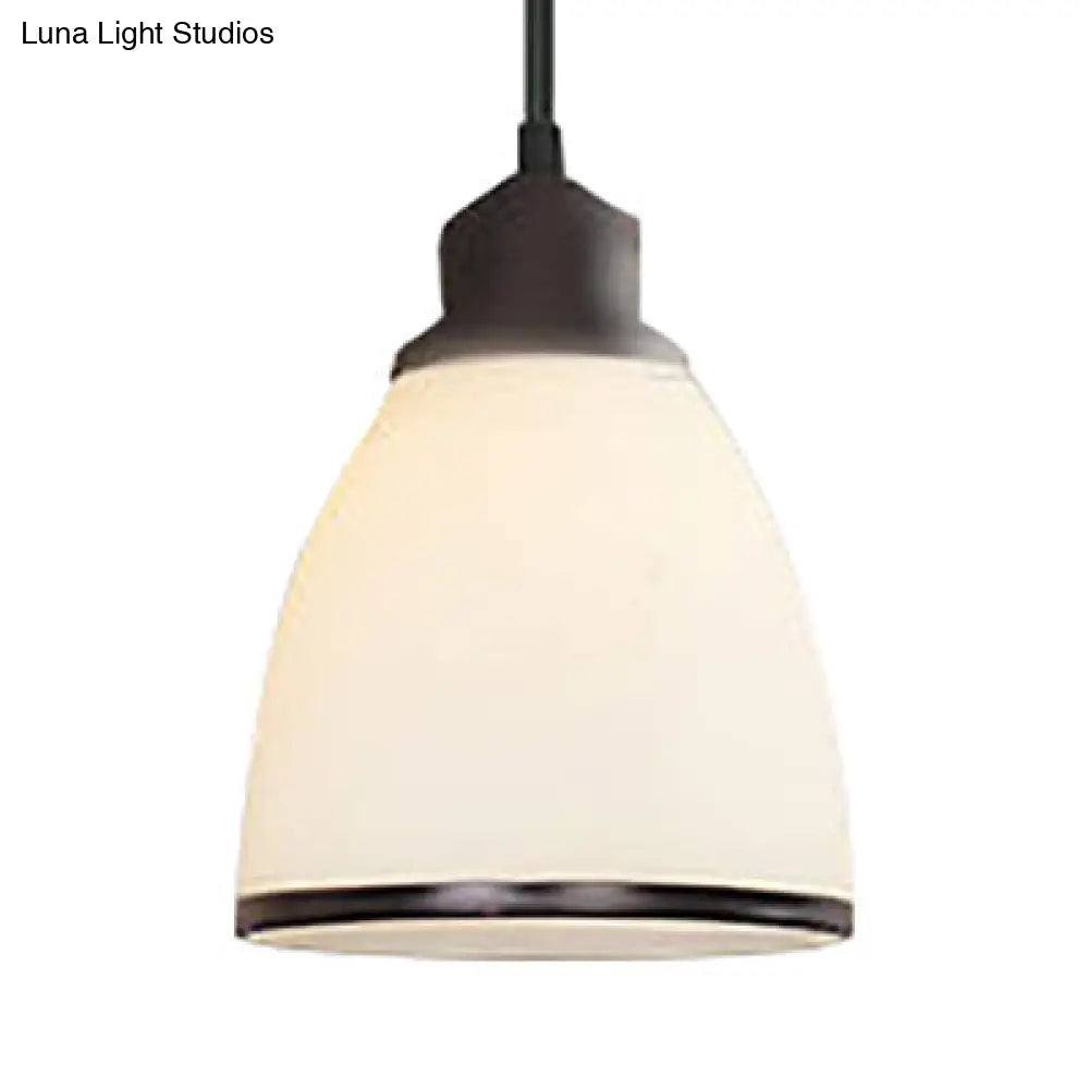 Farmhouse Dome Pendant Lamp: White Glass Hanging Light Fixture In Black - Indoor Use