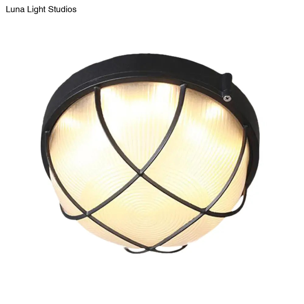 Farmhouse Flush Ceiling Lamp: 1-Light Dome Fixture Frosted Glass White/Black – Bedroom Lighting