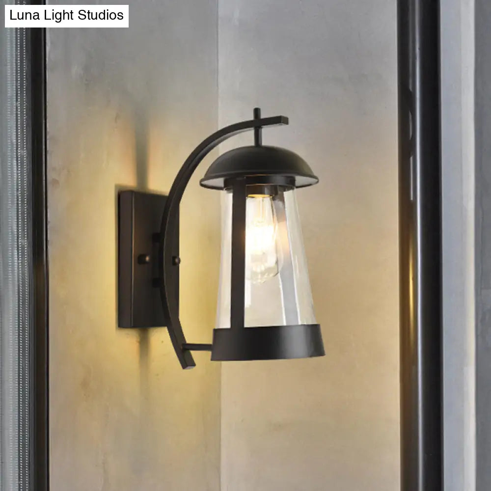 Farmhouse Glass Kerosene Lamp Wall Light With Curved Arm In Black