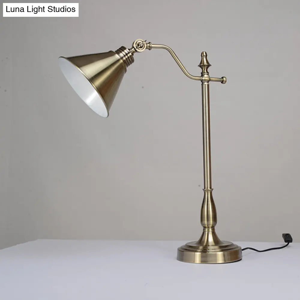 Farmhouse Gold Finish Led Desk Light With Conical Metallic Design - Night Table Lamp Plug-In Cord