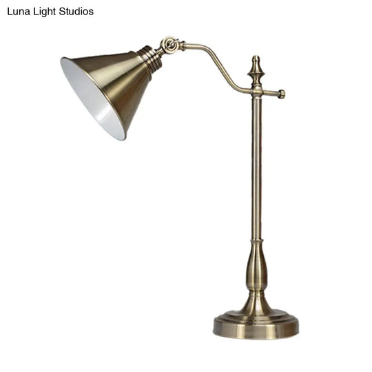 Farmhouse Gold Finish Led Desk Light With Conical Metallic Design - Night Table Lamp Plug-In Cord