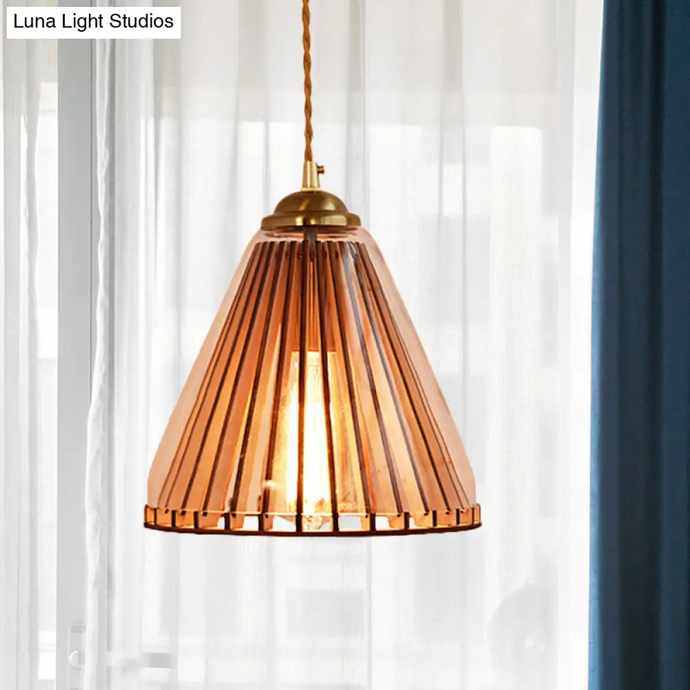 Farmhouse Gold Pendulum Light With Amber Glass Cone/Barrel Shade And Stranded Rope Pendant