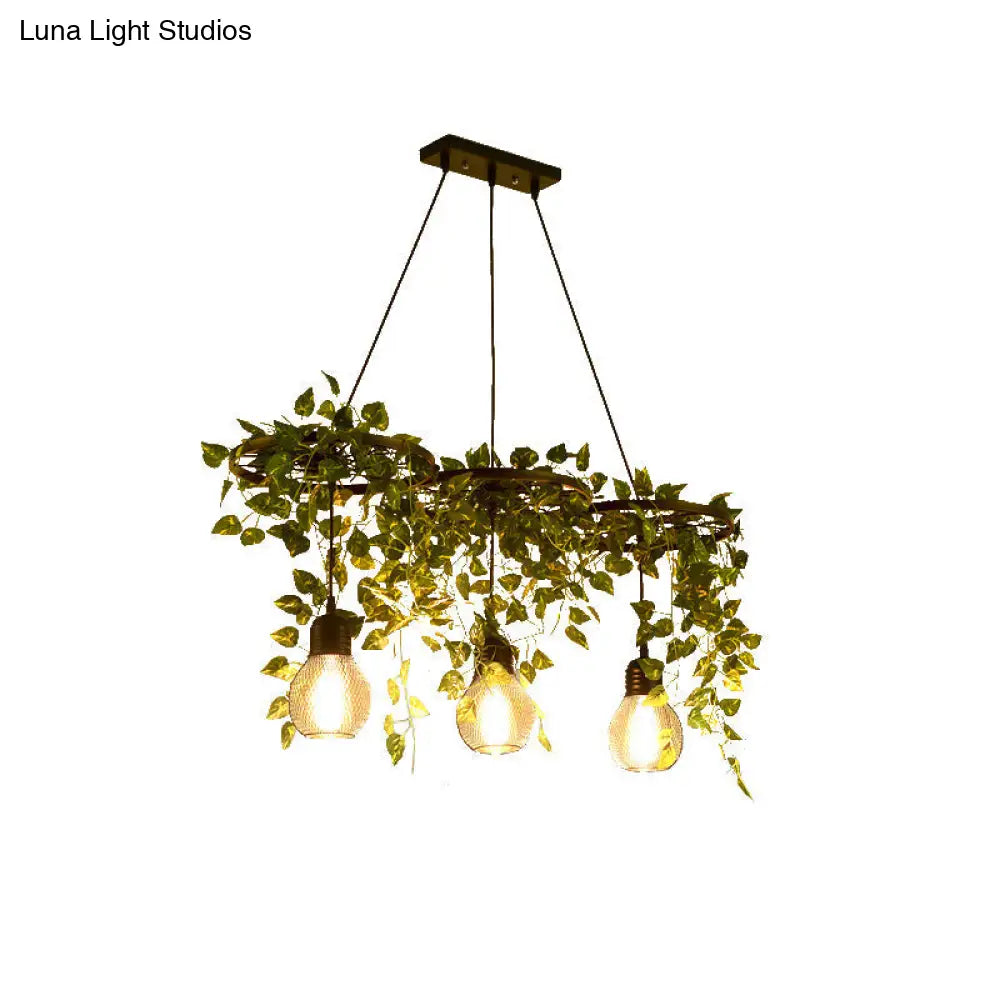 Farmhouse Green Metal Hanging Light: 3-Headed Wagon Wheel Chandelier With Artificial Ivy Deco /
