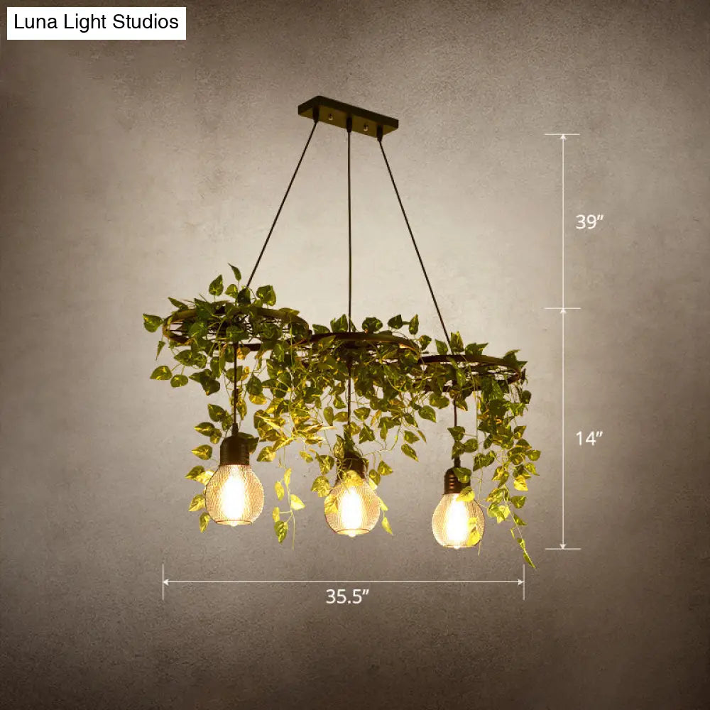 Farmhouse Green Metal Wagon Wheel Chandelier With 3 Hanging Lights And Artificial Ivy Deco