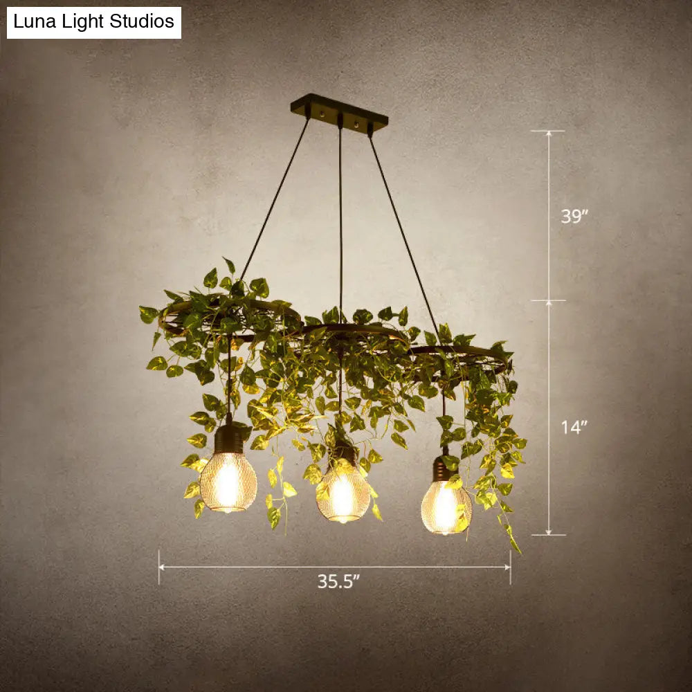 Farmhouse Green Metal Hanging Light: 3-Headed Wagon Wheel Chandelier With Artificial Ivy Deco