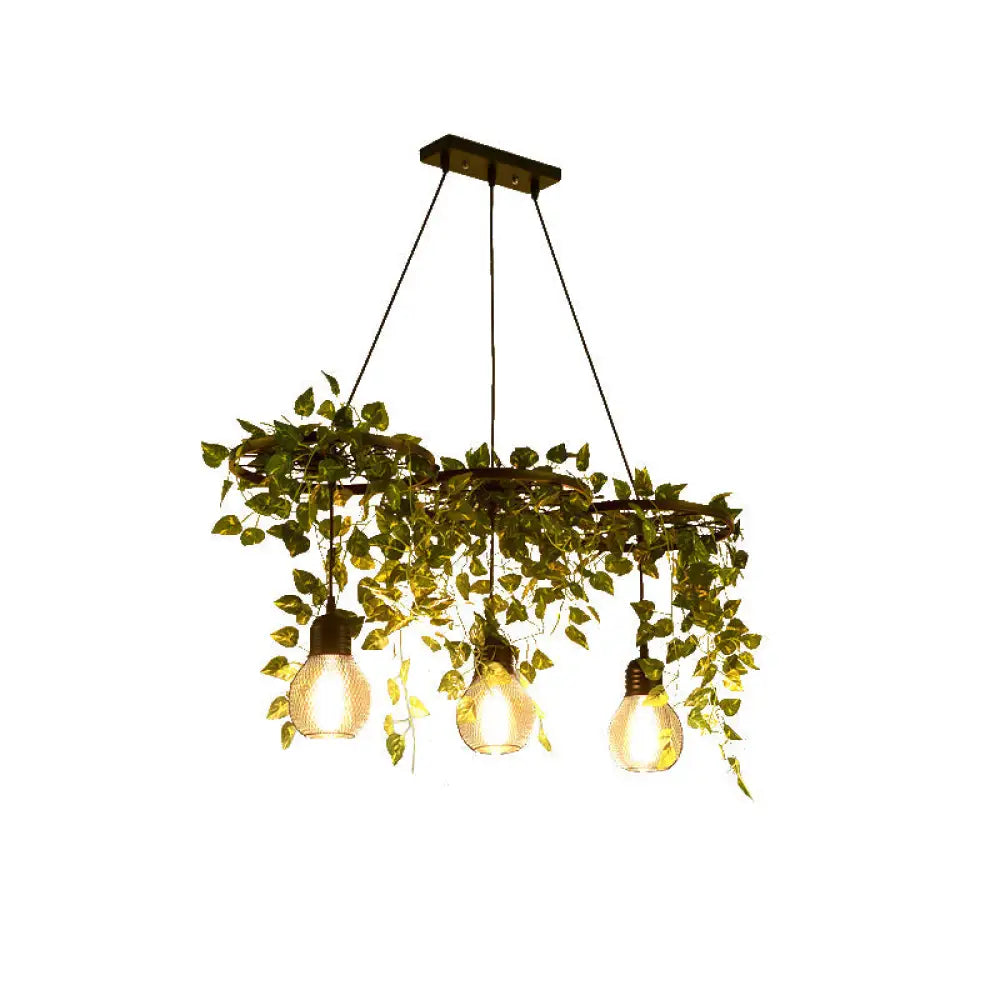 Farmhouse Green Metal Wagon Wheel Chandelier With 3 Hanging Lights And Artificial Ivy Deco / Linear