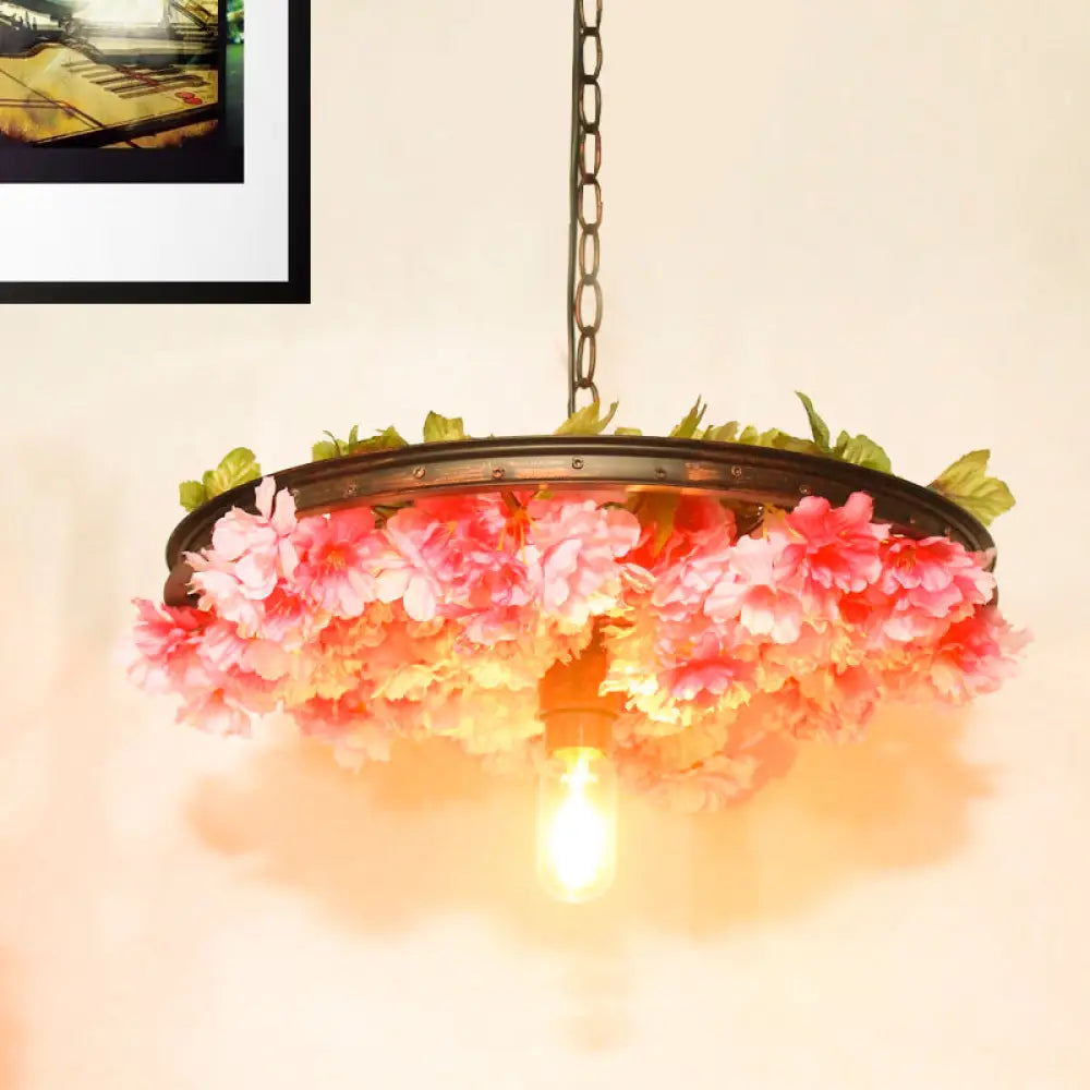 Farmhouse Hanging Lamp: Pink/Blue Flower Pendant Light With Wagon Wheel Design 8.5’/15’/19’