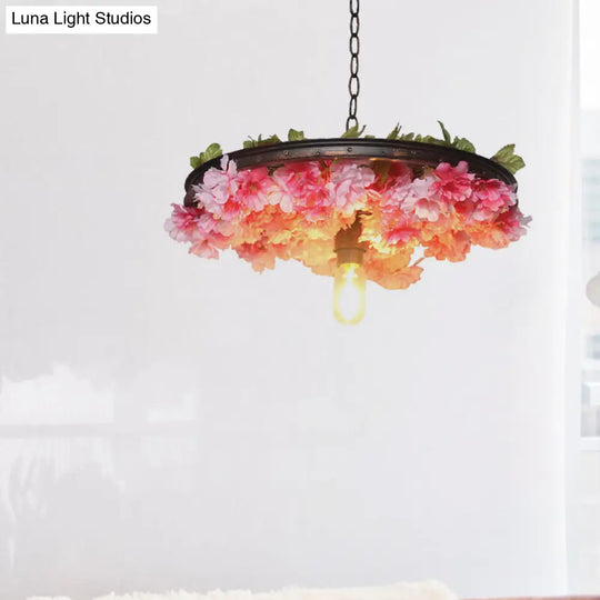 Farmhouse Pendant Light With Pink/Blue Flower Design Wagon Wheel Style - 8.5/15/19 Wide