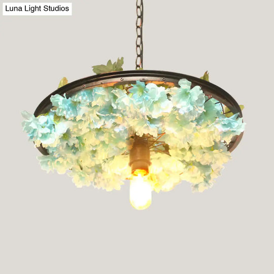 Farmhouse Hanging Lamp: Pink/Blue Flower Pendant Light With Wagon Wheel Design 8.5’/15’/19’ Wide