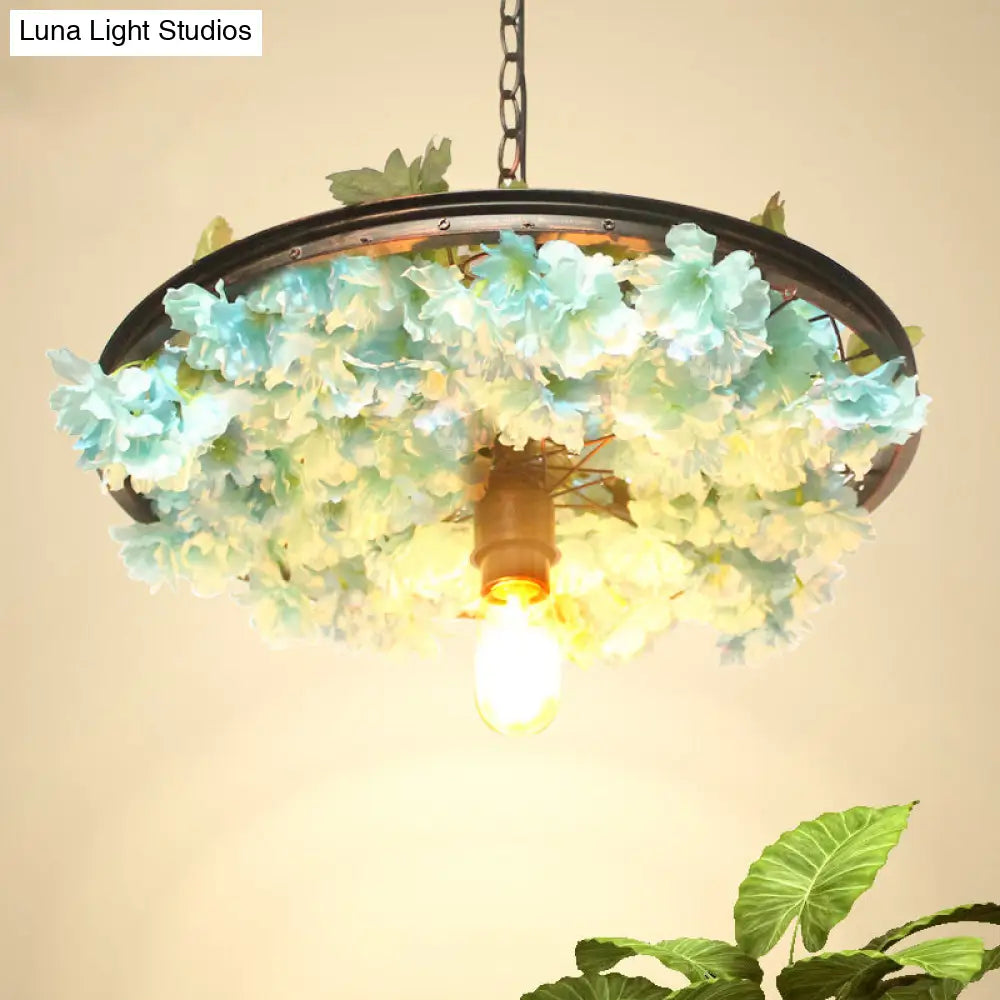 Farmhouse Pendant Light With Pink/Blue Flower Design Wagon Wheel Style - 8.5/15/19 Wide Blue / 8.5