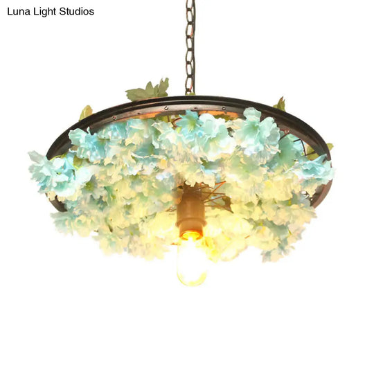 Farmhouse Pendant Light With Pink/Blue Flower Design Wagon Wheel Style - 8.5/15/19 Wide
