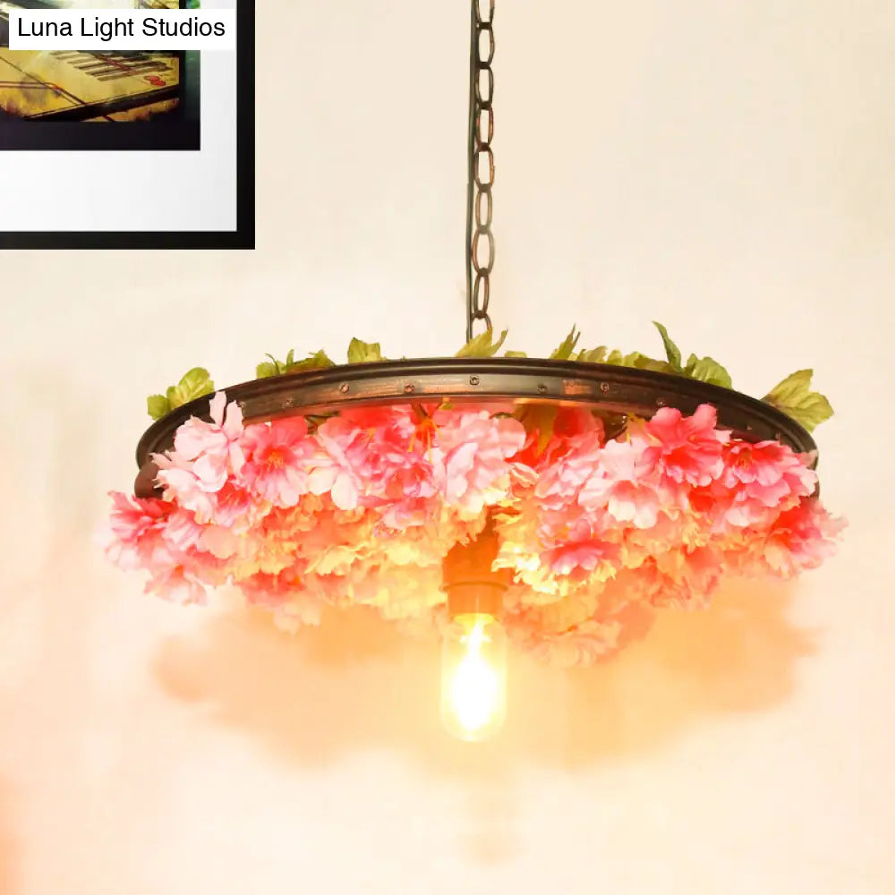 Farmhouse Pendant Light With Pink/Blue Flower Design Wagon Wheel Style - 8.5/15/19 Wide Pink / 8.5