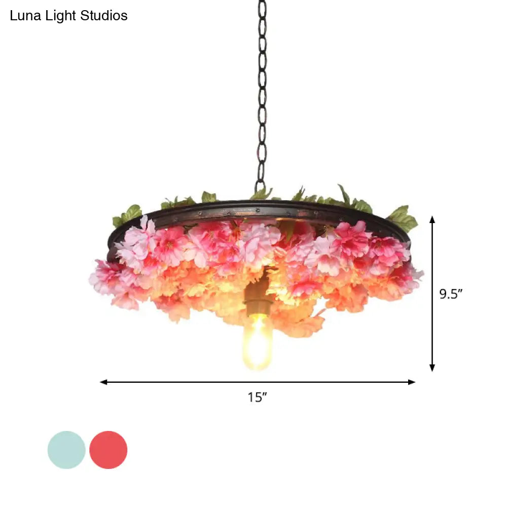 Farmhouse Hanging Lamp: Pink/Blue Flower Pendant Light With Wagon Wheel Design 8.5’/15’/19’ Wide