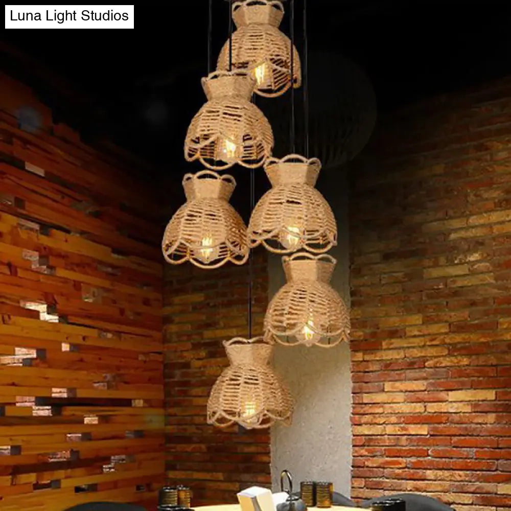 Hemp Farmhouse Bistro Pendant Lamp With Scalloped Trim - Round/Linear Cluster Bowl 3/6-Head Brown