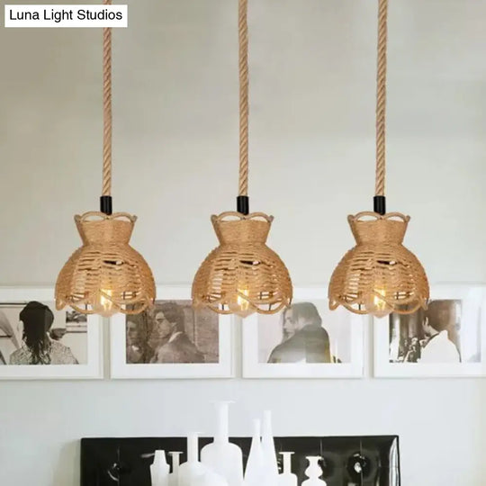 Hemp Farmhouse Bistro Pendant Lamp With Scalloped Trim - Round/Linear Cluster Bowl 3/6-Head Brown