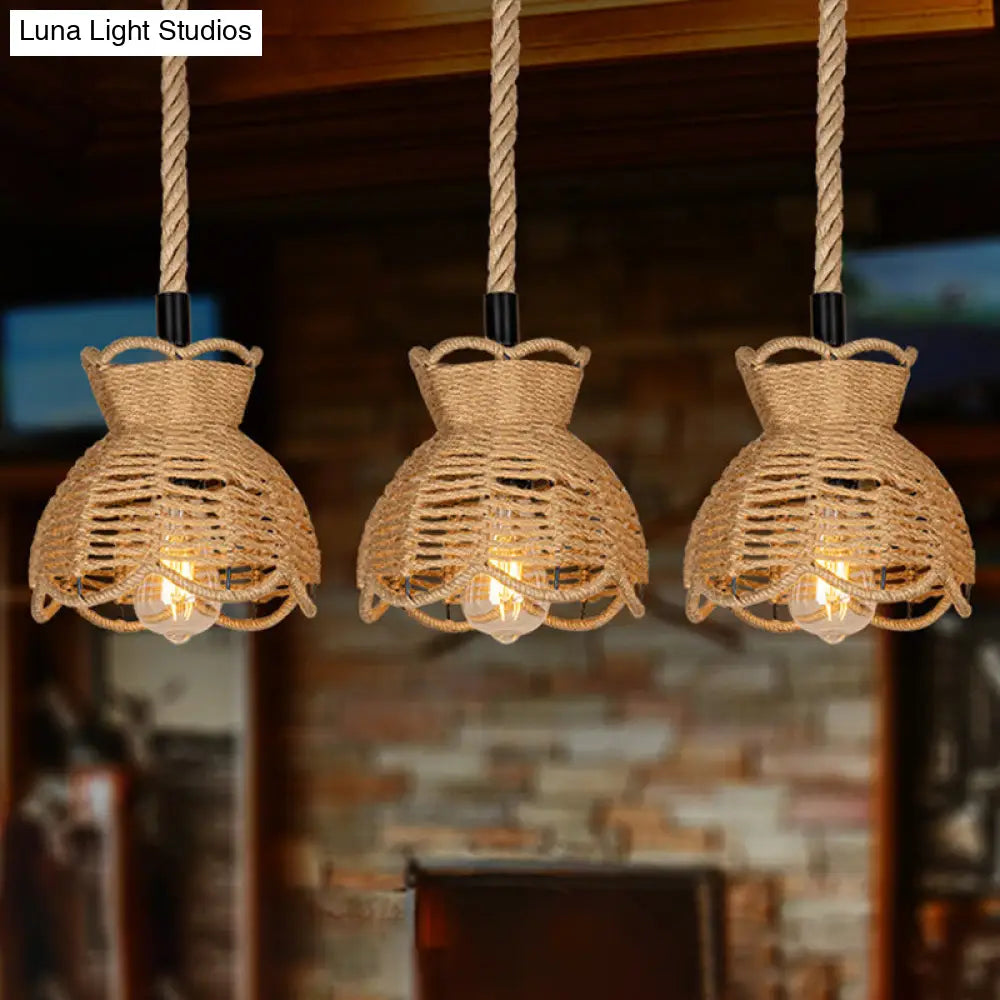 Hemp Farmhouse Bistro Pendant Lamp With Scalloped Trim - Round/Linear Cluster Bowl 3/6-Head Brown