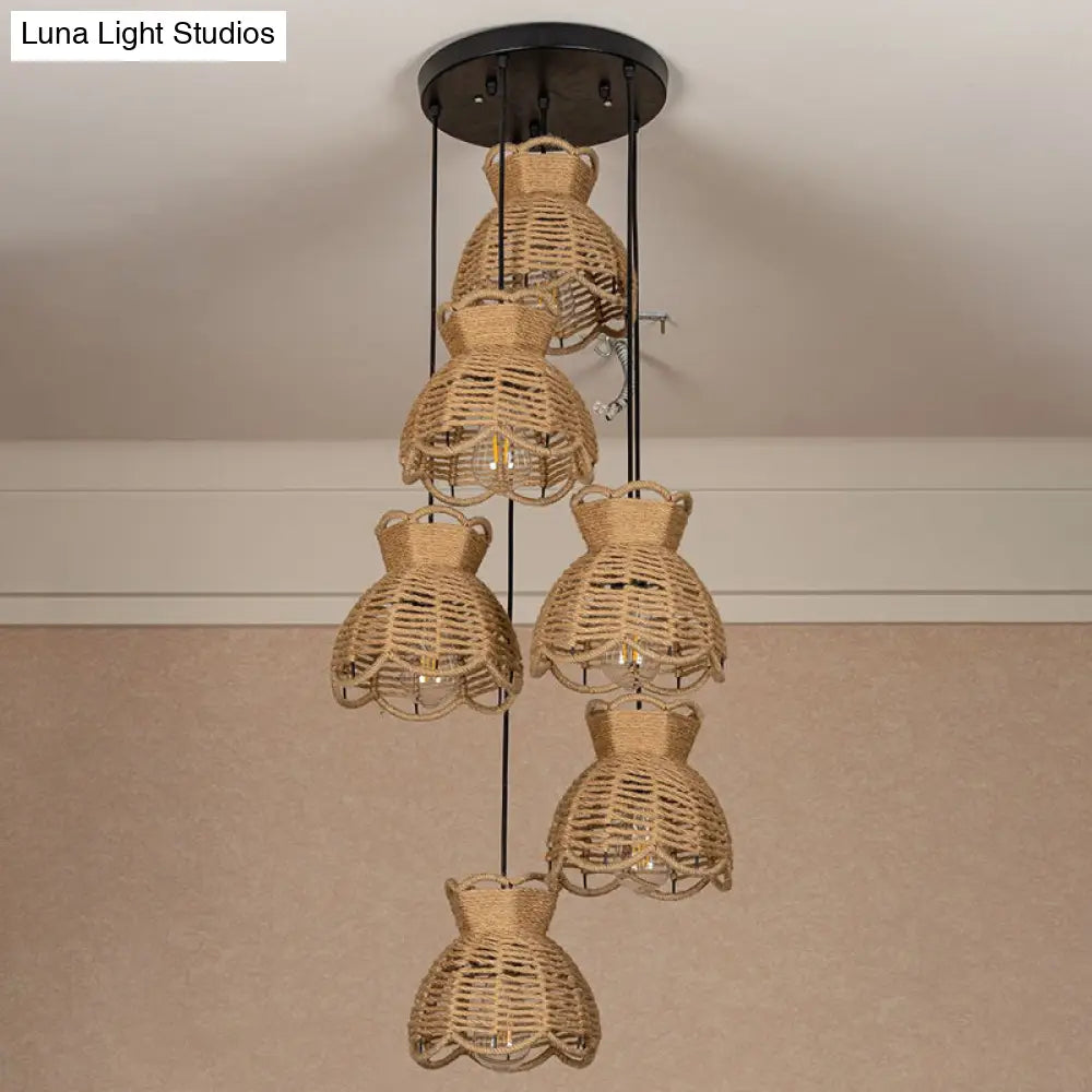 Farmhouse Hemp Bistro Pendant - Round/Linear 3/6-Head Brown Multi Hanging Lamp With Scalloped Trim