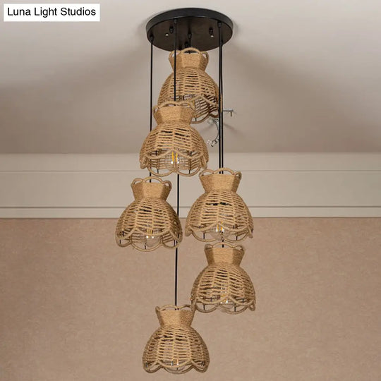 Farmhouse Hemp Bistro Pendant - Round/Linear 3/6-Head Brown Multi Hanging Lamp With Scalloped Trim