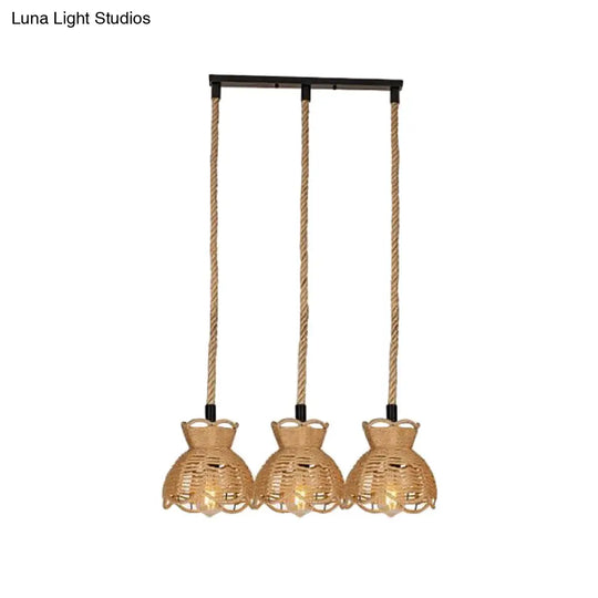 Farmhouse Hemp Bistro Pendant - Round/Linear 3/6-Head Brown Multi Hanging Lamp With Scalloped Trim