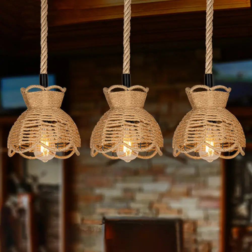 Farmhouse Hemp Bistro Pendant - Round/Linear 3/6-Head Brown Multi Hanging Lamp With Scalloped Trim