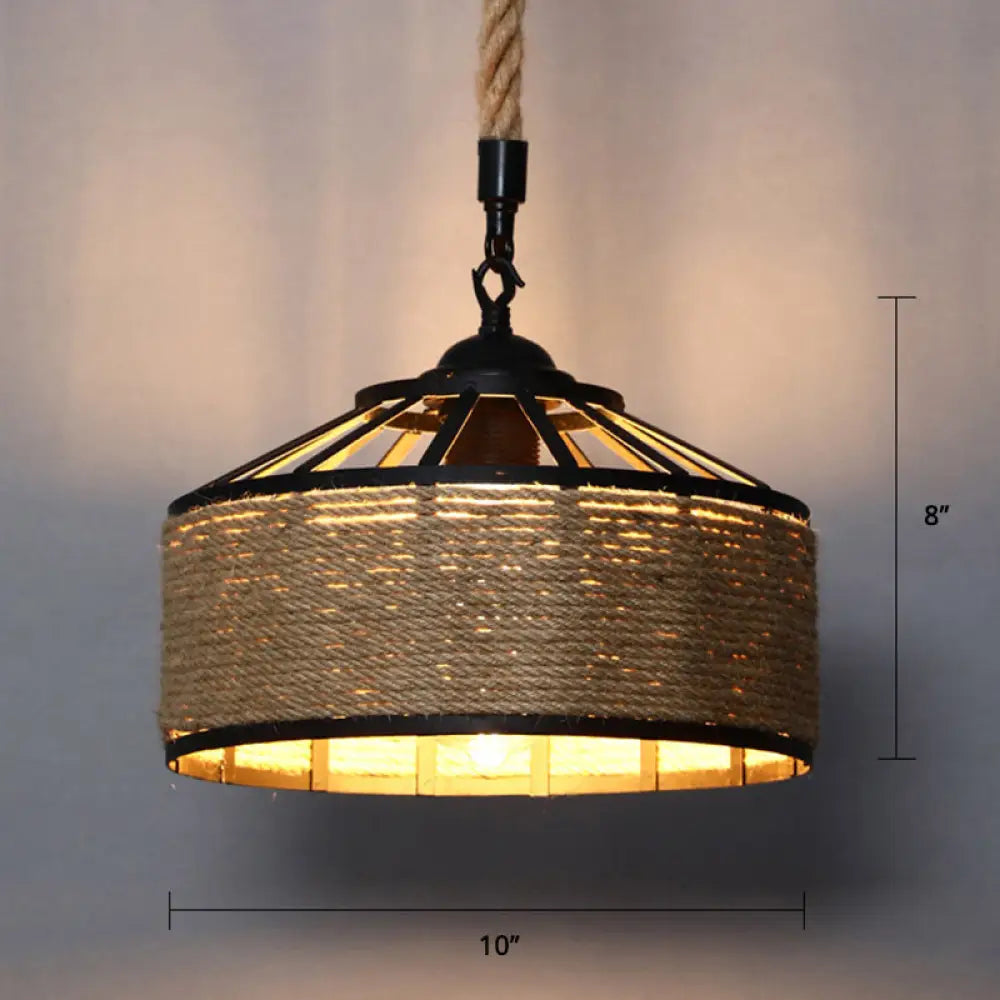 Farmhouse Hemp Rope Pendant Light - Conical Cage Design Brown Finish 1 Bulb / 10’