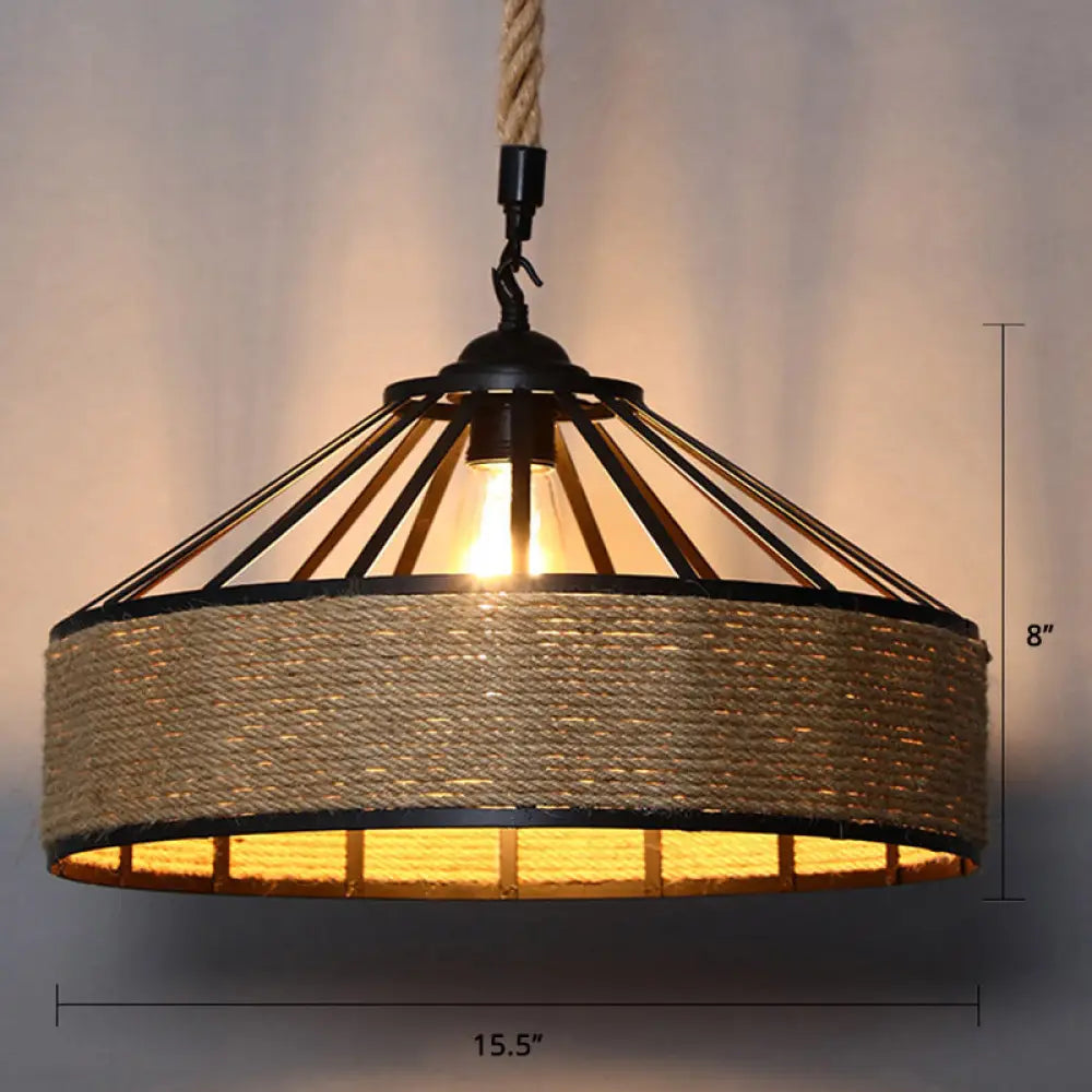 Farmhouse Hemp Rope Pendant Light - Conical Cage Design Brown Finish 1 Bulb / 16’