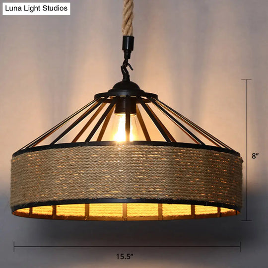 Hemp Rope Conical Cage Pendant Light For Farmhouse Restaurants - Brown Drop Design 1-Bulb Hanging